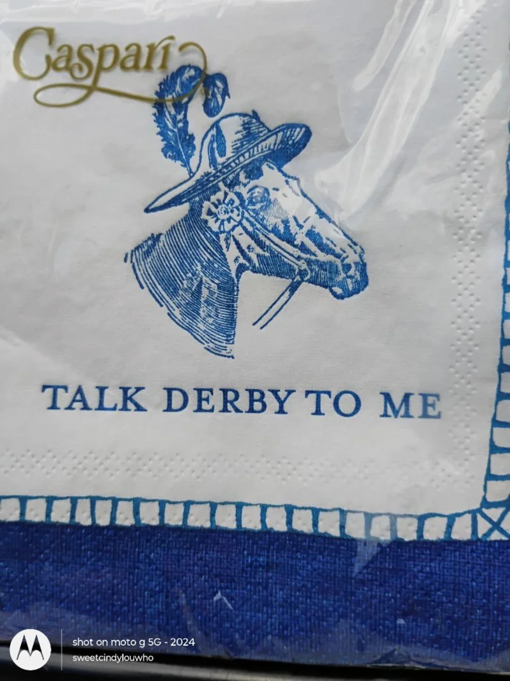 Caspari brand cocktail napkins equestrian design Talk Derby To Me horse with hat